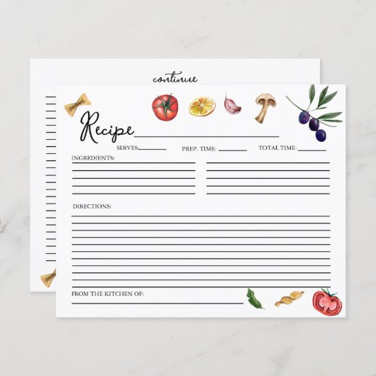 Das ist eine italienische inspirierte Rezept-Karte (Vorne/Hinten)