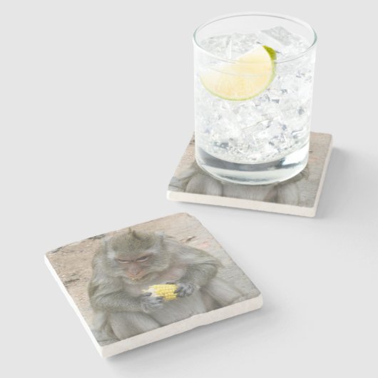 Das ist meins! ... Wild Thai Macaque Monkey Steinuntersetzer (Seitenansicht)