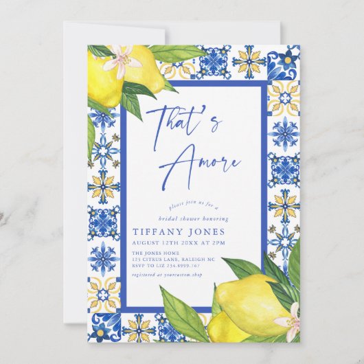 Das italienische Brautparty Blue Tiles Lemon Einladung (Vorderseite)