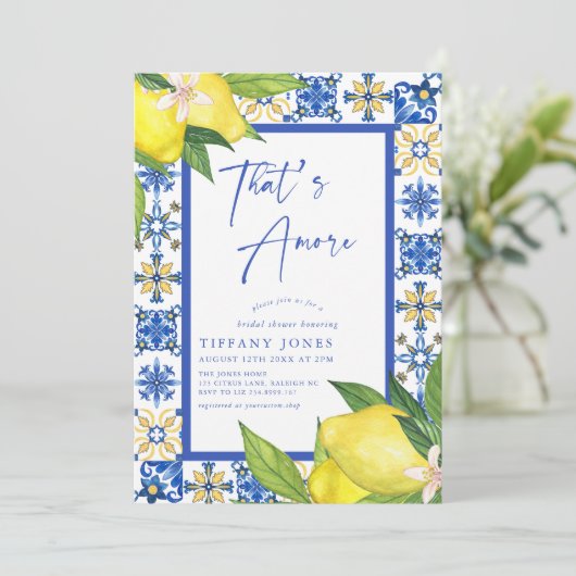 Das italienische Brautparty Blue Tiles Lemon Einladung (Stehend Vorderseite)