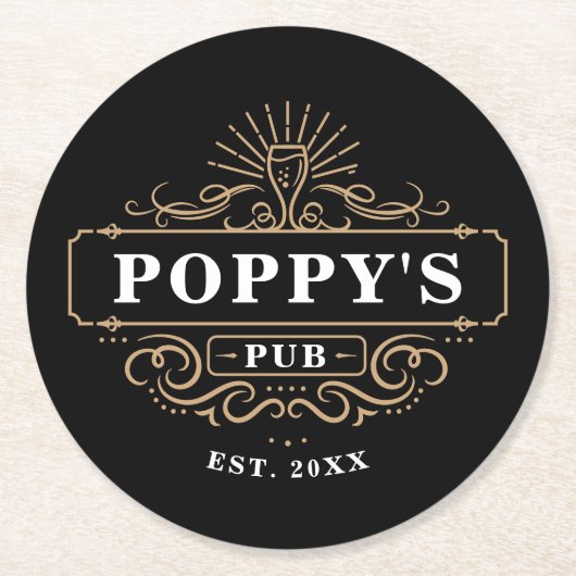 Das Jahr der Zuhause-Bar des "Custom Poppy's Pub" Runder Pappuntersetzer (Vorderseite)