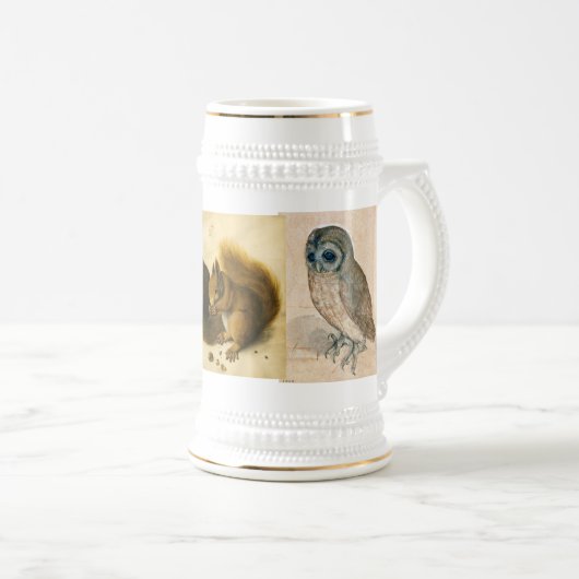 Das Kaninchen (Junghaar), Eichhörnchen und Eule Bierglas (VorderseiteRechts)