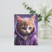 Das Kätzchen in einem Lila Hoodie Postkarte (Stehend Vorderseite)