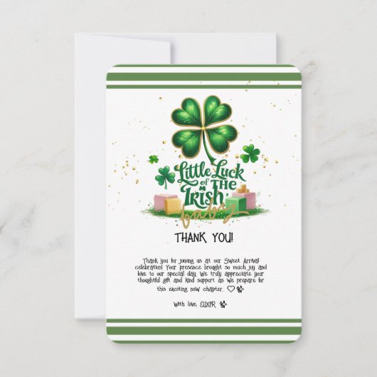 Das kleine Glück der irischen Kleeblatt Gold Baby Dankeskarte (Vorderseite)