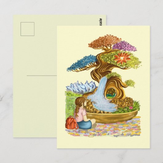 Das kleine Mädchen und sein riesiger Bonzaï. Postkarte (Vorne/Hinten)