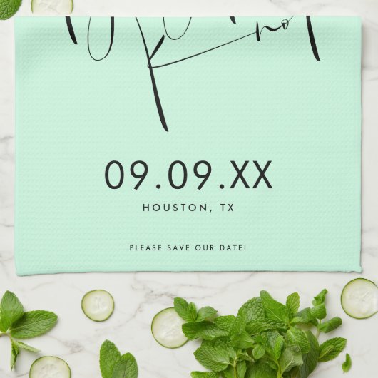 Das Knot Mint Green Script Save the Date binden Geschirrtuch (Gefaltet)
