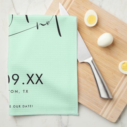 Das Knot Mint Green Script Save the Date binden Geschirrtuch (Viertel Falte)