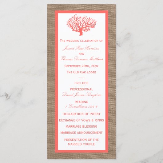 Das Korallenriff auf der Burlap Boho Beach Wedding Programm (Vorderseite)