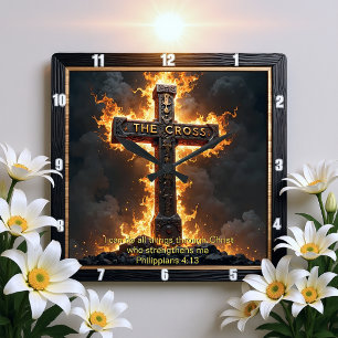 Das Kreuz-Medaillon Power Philipper 4:13 Vers Quadratische Wanduhr