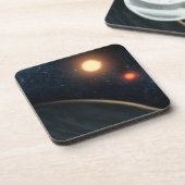 Das künstlerische Konzept illustriert Kepler-16b. Getränkeuntersetzer (Linke Seite)