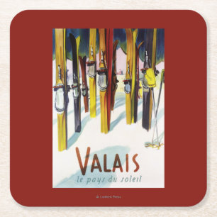 Das Land des Sonnenscheins - Skis stehend im Rechteckiger Pappuntersetzer