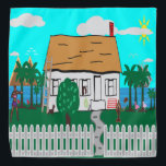 Das Leben am Strand Halstuch<br><div class="desc">Haus mit Zaun am Strand Wasser mit Bäumen und Blume rund um. Die Berge im Hintergrund. Zwei Frauen draußen trainieren,  während eine Frau aus dem Fenster schaut,  als das Radio spielt. Der Hund bellt den Wanderflamingo an,  und das Segelboot geht ruhig vorbei.</div>