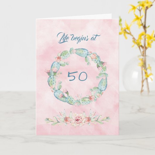 Das Leben beginnt mit 50 Aquarellkaktoren Karte (Gelbe Blume)
