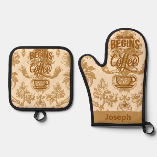 Das Leben beginnt mit Kaffee Ofenhandschuh & Topflappen-Set (Vorderseite)