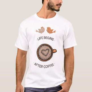 Das Leben beginnt nach Kaffee Süße Liebesvögel Gra T-Shirt