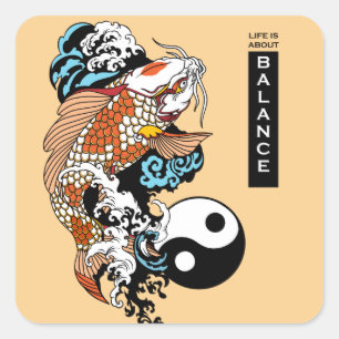 Das Leben dreht sich um Gleichgewicht. Koi-Karpfen Quadratischer Aufkleber