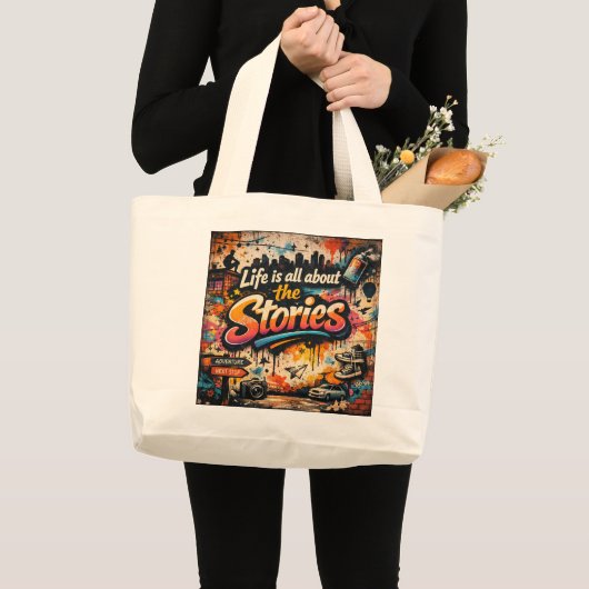"Das Leben handelt von den Geschichten" Jumbo Stoffbeutel (Vorderseite (Produkt))