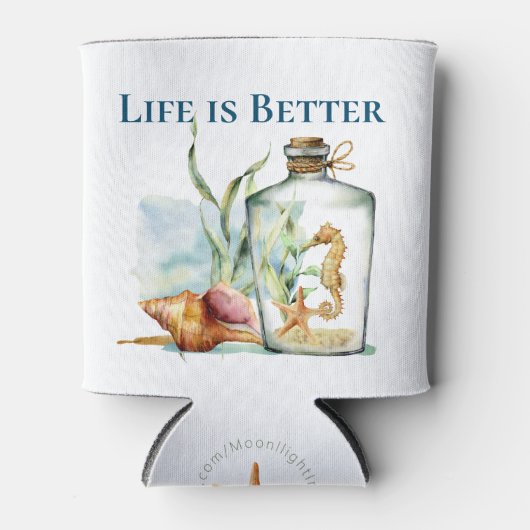 Das Leben ist besser am Strand / Seepferd in Flasc Dosenkühler (Vorderseite)