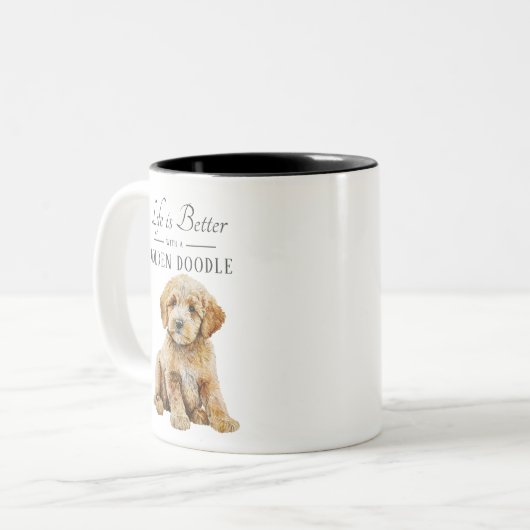 Das Leben ist besser goldener Doodle Zweifarbige Tasse (Vorderseite Links)