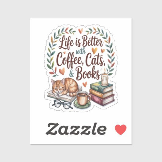 Das Leben ist besser mit Kaffee Katzen Büchern Aufkleber (Blatt)
