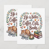 Das Leben ist besser mit Kaffee Katzen Büchern Einladung (Vorne/Hinten)