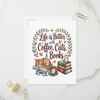 Das Leben ist besser mit Kaffee Katzen Büchern Einladungspostkarte