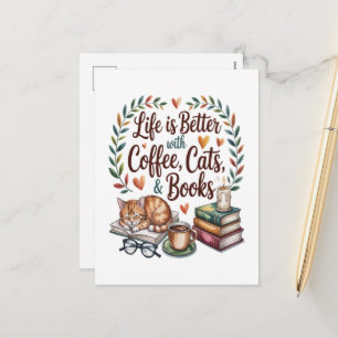 Das Leben ist besser mit Kaffee Katzen Büchern Feiertagspostkarte