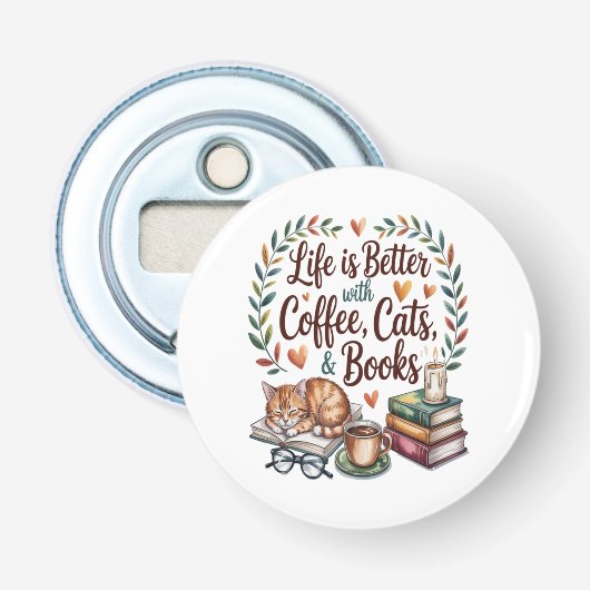 Das Leben ist besser mit Kaffee Katzen Büchern Flaschenöffner (Vorderseite)