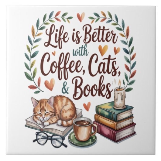 Das Leben ist besser mit Kaffee Katzen Büchern Fliese (Vorderseite)
