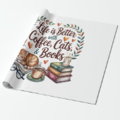 Das Leben ist besser mit Kaffee Katzen Büchern Geschenkpapier (Ungerollt)