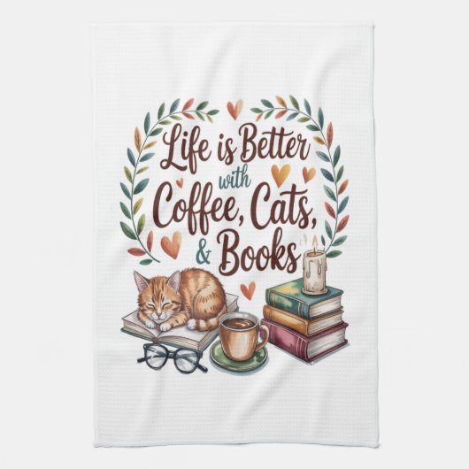 Das Leben ist besser mit Kaffee Katzen Büchern Geschirrtuch (Vertikal)