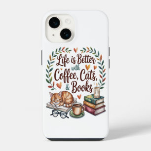 Das Leben ist besser mit Kaffee Katzen Büchern iPhone 14 Hülle
