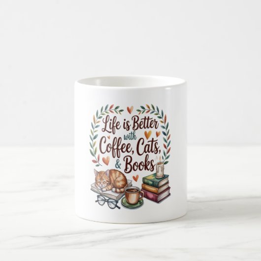 Das Leben ist besser mit Kaffee Katzen Büchern Kaffeetasse (Mittel)