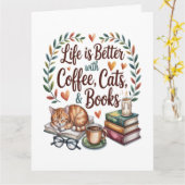 Das Leben ist besser mit Kaffee Katzen Büchern Karte (Gelbe Blume)