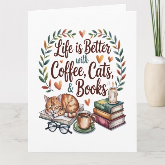 Das Leben ist besser mit Kaffee Katzen Büchern Karte (Vorderseite)