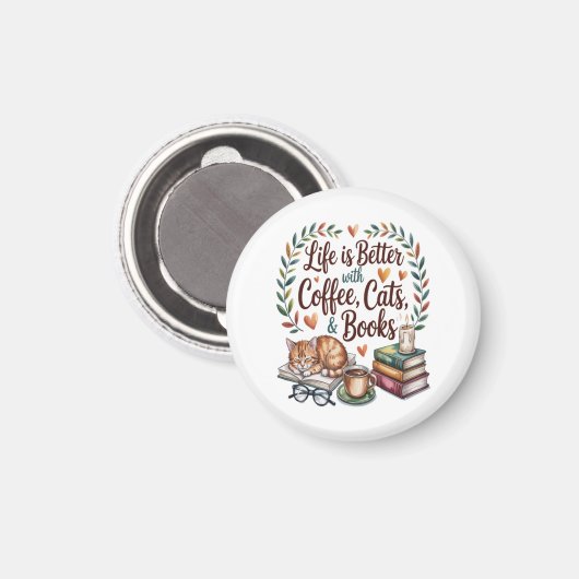 Das Leben ist besser mit Kaffee Katzen Büchern Magnet (Vorderseite/Rückseite)