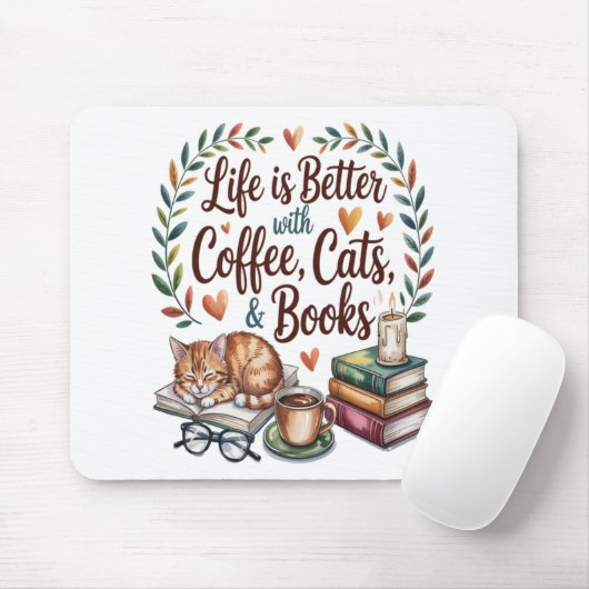 Das Leben ist besser mit Kaffee Katzen Büchern Mousepad (Mit Mouse)