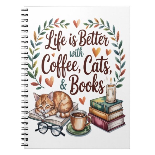 Das Leben ist besser mit Kaffee Katzen Büchern Notizblock (Vorderseite)