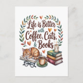 Das Leben ist besser mit Kaffee Katzen Büchern Postkarte (Vorderseite)