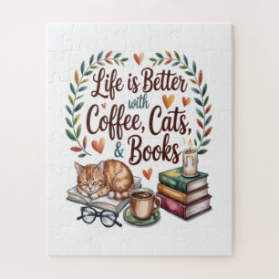 Das Leben ist besser mit Kaffee Katzen Büchern Puzzle