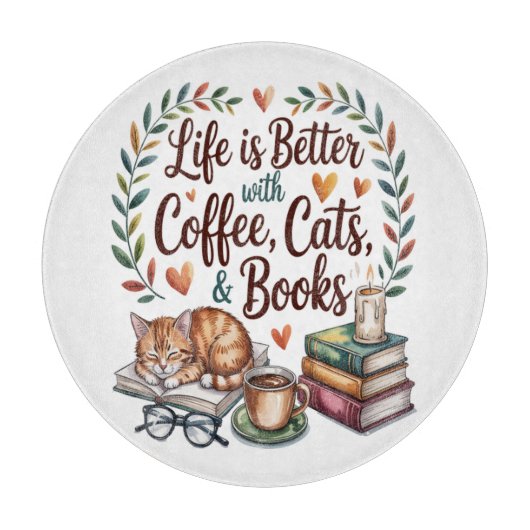 Das Leben ist besser mit Kaffee Katzen Büchern Schneidebrett (Vorderseite)