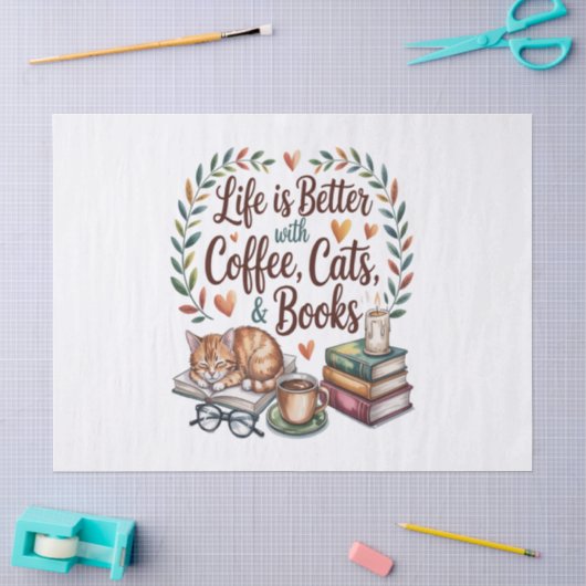 Das Leben ist besser mit Kaffee Katzen Büchern Seidenpapier (Basteln)