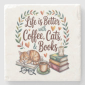 Das Leben ist besser mit Kaffee Katzen Büchern Steinuntersetzer (Vorderseite)