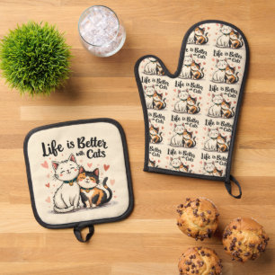 Das Leben ist besser mit Katzen Niedliche Katzenäs Ofenhandschuh & Topflappen-Set
