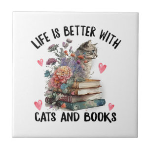 Das Leben ist besser mit Katzen und Büchern Lustig Fliese