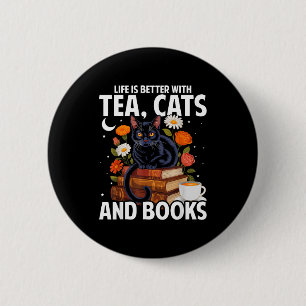 Das Leben ist besser mit Teekatzen und Büchern lus Button
