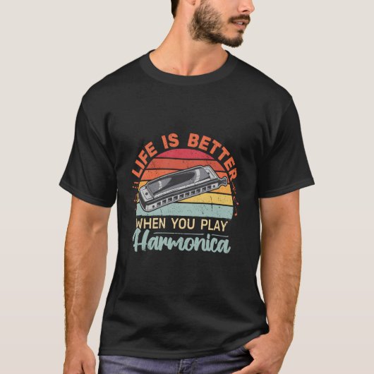 Das Leben ist besser, wenn man Harmonica Retro Har T-Shirt (Vorderseite)