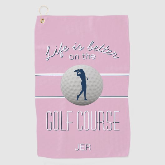 Das Leben ist besser Zitat Golf Mit Monogramm Pink Golfhandtuch (Vorderseite)