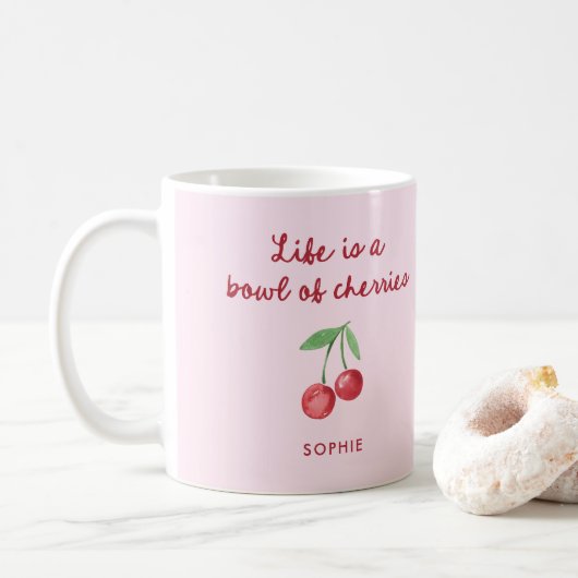 Das Leben ist eine Schüssel Kirschen | Rosa und Re Kaffeetasse (Mit Donut)