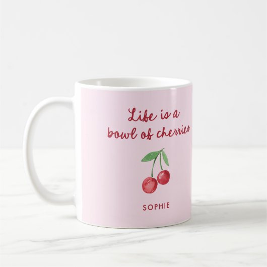 Das Leben ist eine Schüssel Kirschen | Rosa und Re Kaffeetasse (Links)